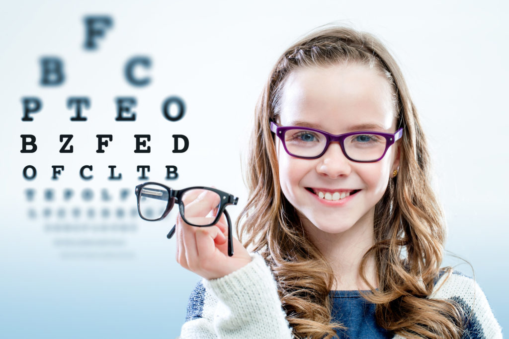 Child wearing glasses during vision test